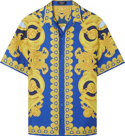 silk women versace blue and gold button up|Versace blue label.